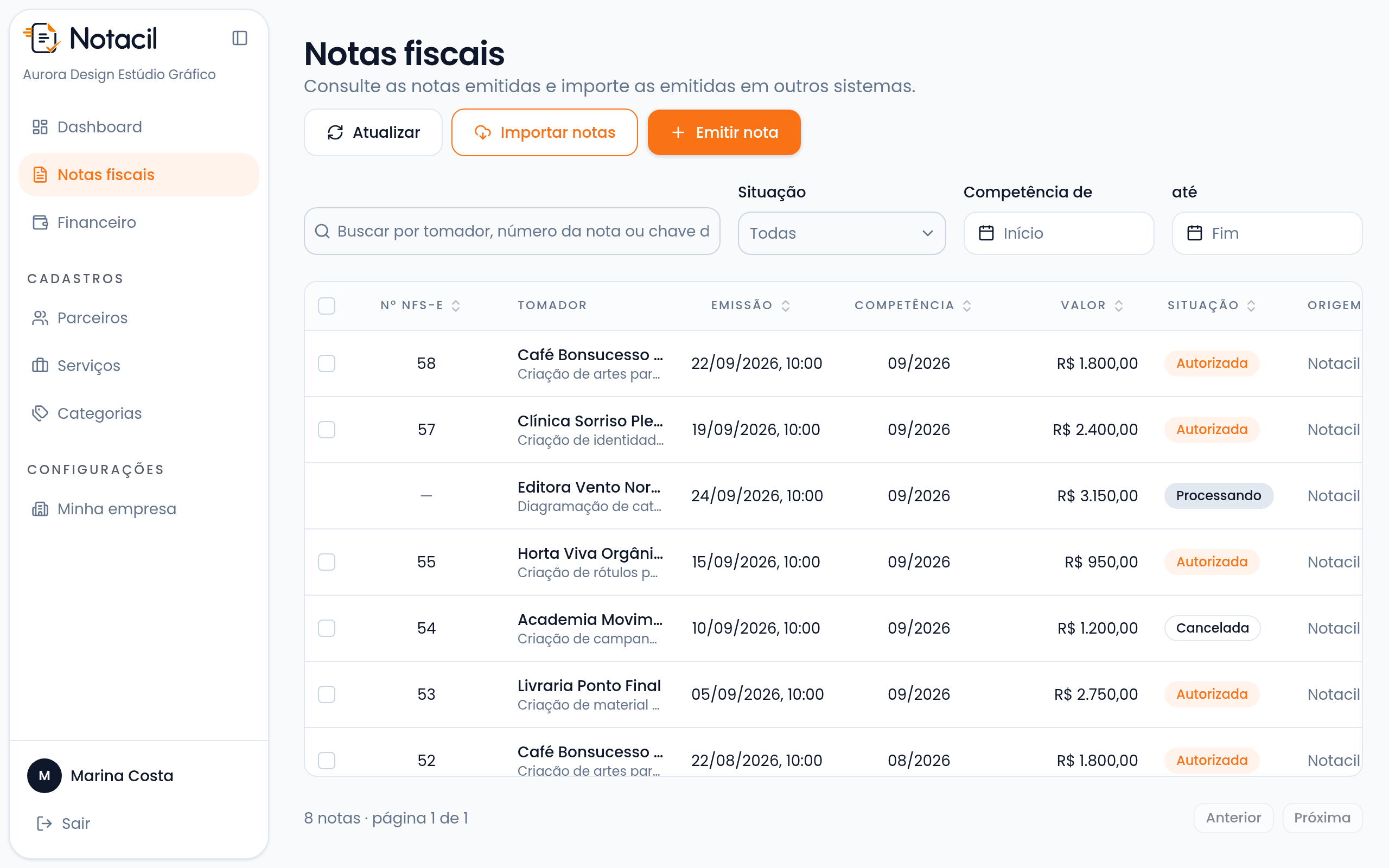 Lista de notas fiscais da Notacil com notas autorizadas, em processamento e cancelada